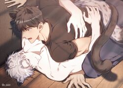 Rule 34 | 2boys, animal ears, blush, closed mouth, highres, hug, ilay riegrow, jeong taeui, male focus, multiple boys, o ssion, open mouth, passion (manhwa), seductive smile, shirt, smile, sweatdrop, tail, white hair, wolf ears, wolf tail, yaoi