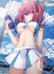 Rule 34 | 1girl, absurdres, azur lane, bare arms, bare shoulders, blurry, bottle, breasts, bremerton (azur lane), bremerton (scorching-hot training) (azur lane), chain-link fence, cloud, commentary request, cowboy shot, crop top, crop top overhang, day, depth of field, fence, hair ornament, hairclip, highres, holding, large breasts, lens flare, long hair, looking at viewer, midriff, miniskirt, multicolored hair, navel, no bra, outdoors, pink eyes, pleated skirt, red hair, sapphire (sapphire25252), shirt, sidelocks, skirt, sleeveless, sleeveless shirt, solo, sportswear, standing, stomach, sunlight, sweat, tennis uniform, twintails, two-tone hair, underboob, white shirt, white skirt, x hair ornament