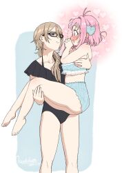 Rule 34 | 2girls, :d, amauri miruki, bikini, bikini shorts, black one-piece swimsuit, blue bikini, blue eyes, blush, breasts, brown hair, carrying, carrying person, dated, ear blush, frilled bikini, frilled one-piece swimsuit, frills, glasses, hair between eyes, hair ornament, handakuon, happy, heart, highres, legs apart, long hair, looking at another, medium breasts, medium hair, multiple girls, one-piece swimsuit, open mouth, own hands clasped, own hands together, pink hair, pretty series, princess carry, shorts, signature, smile, standing, sumeragi amane (pretty series), swimsuit, waccha primagi!