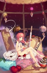 Rule 34 | 1girl, :p, :q, ahoge, barefoot, barefoot sandals (jewelry), bottomless, braid, breasts, candle, cherry, cream, cupcake, dessert, floating, food, fruit, heart, heart ahoge, highres, legs, macaron, muffin, navel, original, pink eyes, pink hair, pocky, rwael, short hair, single braid, small breasts, smile, solo, strawberry, surreal, toes, tongue, tongue out, twin braids, underboob, wind chime