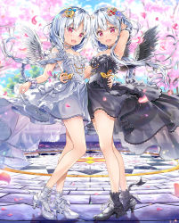 Rule 34 | 2girls, :d, armpits, bare shoulders, black dress, black footwear, black legwear, black wings, blue flower, blurry, blurry background, commentary request, copyright request, depth of field, dress, feathered wings, flower, fujima takuya, hair between eyes, hair flower, hair ornament, hand on another&#039;s waist, high heels, multiple girls, open mouth, parted bangs, petals, pink flower, red eyes, scrunchie, silver hair, smile, socks, standing, strapless, strapless dress, tree, white dress, white footwear, white legwear, white scrunchie, white wings, wings, wrist scrunchie