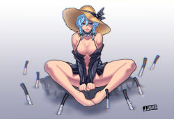 Rule 34 | 1girl, alternate costume, alternate hair color, artist name, bad id, bad pixiv id, bare shoulders, barefoot, black bra, blue eyes, blue hair, bottomless, bra, braid, breasts, butterfly sitting, chromatic aberration, cleavage, collarbone, covering crotch, covering privates, detached collar, feet, hair ribbon, hat, hat ribbon, highres, izayoi sakuya, jjune, knife, large breasts, long hair, long sleeves, making-of available, matching hair/eyes, no pants, open clothes, open shirt, pinstripe pattern, pinstripe shirt, planted, planted knife, planted weapon, ribbon, shirt, signature, sitting, solo, spread legs, straw hat, striped clothes, striped shirt, too many, too many knives, touhou, twin braids, underwear, v arms, vertical-striped clothes, vertical-striped shirt, very long hair, weapon