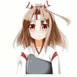 Rule 34 | 10s, 1girl, ^ ^, animated, animated gif, brown eyes, brown hair, closed eyes, emofuri, hachimaki, head tilt, headband, japanese clothes, kantai collection, koda (kodadada), long hair, looking at viewer, lowres, md5 mismatch, muneate, smile, solo, ugoira, upper body, white background, zuihou (kancolle)