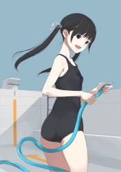 Rule 34 | 1girl, ass, black eyes, black hair, empty pool, hose, kagetomo midori, long hair, one-piece swimsuit, open mouth, original, pool, school swimsuit, solo, swimsuit, twintails