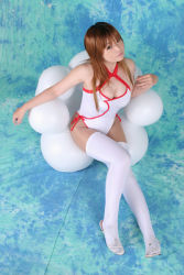 Rule 34 | 1girl, asian, breasts, cleavage, cosplay, dead or alive, indoors, kasumi (doa), kasumi (doa) (cosplay), leotard, long hair, looking at viewer, medium breasts, mizuhara arisa, pantyhose, photo (medium), red hair, sitting, solo, tagme, tecmo, thighhighs, thighhighs over pantyhose, white thighhighs