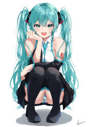 Rule 34 | 1girl, :d, absurdres, anzu (x anzu ill), aqua eyes, aqua hair, aqua necktie, bare shoulders, between breasts, black footwear, black skirt, black sleeves, blush, boots, breasts, collared shirt, detached sleeves, hair between eyes, hair ornament, hatsune miku, highres, long hair, looking at viewer, medium breasts, miniskirt, necktie, necktie between breasts, open mouth, panties, pantyshot, pleated skirt, shirt, signature, simple background, skirt, sleeveless, sleeveless shirt, smile, solo, squatting, striped clothes, striped panties, thighhighs, twintails, underwear, very long hair, vocaloid, white background, white shirt