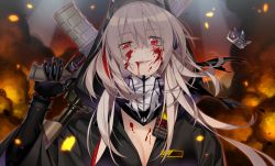 Rule 34 | 1girl, blonde hair, blood, breasts, carrying over shoulder, cleavage, commentary, crazy eyes, deathalice, dinergate (girls&#039; frontline), english commentary, evil smile, fangs, fire, girls&#039; frontline, gun, hair between eyes, headgear, jacket, long hair, looking at viewer, m4 sopmod ii (girls&#039; frontline), mechanical hands, multicolored hair, red eyes, red hair, scarf, sidelocks, single mechanical hand, smile, smoke, sopmod, spotlight, streaked hair, tongue, tongue out, trigger discipline, weapon