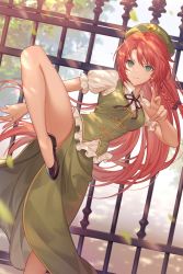 Rule 34 | &gt;:), 1girl, bare legs, black footwear, braid, breasts, closed mouth, collared shirt, dappled sunlight, day, fence, fighting stance, frilled shirt, frilled sleeves, frills, green eyes, green hat, green skirt, hat, hong meiling, lazuri7, leg up, long hair, looking at viewer, medium breasts, outdoors, pelvic curtain, puffy short sleeves, puffy sleeves, red hair, shirt, short sleeves, side braid, skirt, smile, solo, standing, standing on one leg, sunlight, touhou, v-shaped eyebrows, very long hair, white shirt