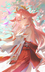 Rule 34 | 1girl, absurdres, animal ears, bare shoulders, blue sky, blurry, blurry background, blush, breasts, bug, butterfly, cherry blossoms, cowboy shot, crystalfly (genshin impact), day, detached sleeves, dress, droopy ears, earrings, falling petals, floating hair, flower, fox ears, fox girl, genshin impact, glint, hair between eyes, hair ornament, hand on own face, hand up, highres, insect, japanese clothes, jewelry, long hair, looking at viewer, medium breasts, miko, osushi tabetarou, outdoors, parted lips, petals, pink flower, pink hair, pink petals, purple butterfly, purple eyes, sky, sleeveless, sleeveless dress, smile, solo, solo focus, standing, tree, turtleneck, turtleneck dress, wide sleeves, wind, yae miko