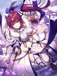 Rule 34 | 1girl, boots, breasts, commentary request, dress, fate/grand order, fate (series), fur trim, gabiran, hair between eyes, jewelry, large breasts, long hair, looking at viewer, purple dress, purple footwear, purple hair, red eyes, runes, scathach (fate), scathach skadi (fate), scathach skadi (third ascension) (fate), smile, solo, thigh boots, thighhighs, tiara, wand