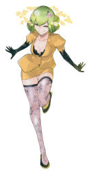 Rule 34 | 1girl, absurdres, bandai, binary, black footwear, black gloves, black shirt, breasts, cleavage, curvy, digimon, digimon story: cyber sleuth, elbow gloves, female focus, floral print, formal, full body, gloves, green hair, hair ornament, highres, jacket, kishibe rie, looking at viewer, naughty face, official art, orange eyes, patterned legwear, pencil skirt, print gloves, print thighhighs, puffy sleeves, scan, shiny skin, shirt, shoes, simple background, skirt, skirt suit, smile, solo, suit, thighhighs, yasuda suzuhito, yellow eyes, yellow skirt, zettai ryouiki
