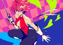 Rule 34 | arm strap, bodysuit, breasts, checkered background, cleavage, cleavage cutout, clothing cutout, cutie honey, cutie honey (character), gloves, halterneck, heart, highres, holding, holding sword, holding weapon, kisaragi honey, kotatsu (g-rough), looking at viewer, medium breasts, multicolored bodysuit, multicolored clothes, purple eyes, red hair, short hair, signature, squatting, sword, weapon, white gloves