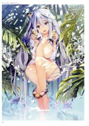 Rule 34 | 1girl, absurdly long hair, absurdres, animal ears, animal print, antenna hair, artist name, barefoot, blush, bottomless, breasts, breasts squeezed together, can, cat ears, cat tail, cleavage, collarbone, day, fingernails, flower, hair flower, hair ornament, hammock, hands up, highres, holding, holding can, large breasts, leaf, light purple hair, long hair, long sleeves, looking at viewer, naked shirt, nipples, open clothes, open mouth, open shirt, original, outdoors, pink lips, plant, puffy nipples, purple eyes, scan, shirt, sitting, sleeves past elbows, smile, soaking feet, solo, sparkle, tail, taira tsukune, teeth, tiger, tiger ears, tiger print, tiger tail, tongue, toranoana, very long hair, wading, water, wet, wide hips