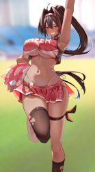 Rule 34 | 1girl, ahoge, arm up, armpits, asymmetrical legwear, bare shoulders, bay (nikke), black hair, black hairband, black socks, black thighhighs, blue eyes, blurry, blurry background, breasts, cheerleader, clothes writing, collar, commentary request, crop top, crop top overhang, dark-skinned female, dark skin, day, fangs, goddess of victory: nikke, grin, groin, hair between eyes, hair intakes, hairband, high ponytail, highleg, highleg panties, highres, holding, holding pom poms, large breasts, long hair, looking at viewer, miniskirt, mole, mole on stomach, mole on thigh, mole under mouth, momdy (talesshinja), multicolored hair, navel, outdoors, panties, partial commentary, pleated skirt, pom pom (cheerleading), pom poms, ponytail, red hair, red shirt, red skirt, shirt, shoes, side-tie panties, sidelocks, single thighhigh, skindentation, skirt, sleeveless, sleeveless shirt, smile, sneakers, socks, solo, spiked collar, spikes, standing, standing on one leg, star sticker, sticker on face, stomach, streaked hair, teeth, thigh strap, thighhighs, torn clothes, torn socks, torn thighhighs, two-tone hair, two-tone skirt, underboob, underwear, white footwear