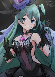 Rule 34 | 1girl, bare shoulders, blue eyes, blue hair, breasts, choker, covered navel, dragalia lost, halloween costume, hat, highres, long hair, medium breasts, odetta (dragalia lost), official alternate costume, punished pigeon, smile