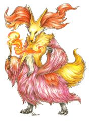 Rule 34 | 2015, animal ear fluff, claws, closed mouth, creature, creatures (company), delphox, endivinity, fire, furry, game freak, gen 6 pokemon, holding, holding stick, legs apart, looking at viewer, nintendo, pokemon, pokemon (creature), pokemon xy, realistic, red eyes, signature, simple background, solo, standing, stick, traditional media, white background