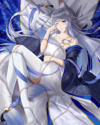 Rule 34 | 1girl, absurdres, animal ear fluff, animal ears, azur lane, bare shoulders, bell, blue eyes, blue kimono, collarbone, fox ears, fox girl, frozen-sad, grey hair, highres, holding tail, japanese clothes, kimono, kitsune, kyuubi, large tail, long hair, looking at viewer, lying, multiple tails, no shoes, off shoulder, on back, one eye closed, shinano (azur lane), sleepy, solo, tail, thighhighs, very long hair, white tail, white thighhighs