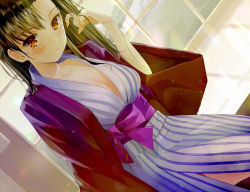 Rule 34 | 1girl, asymmetrical bangs, bath yukata, blue kimono, blush, breasts, brown eyes, brown hair, cleavage, closed mouth, commentary, day, dutch angle, girls und panzer, hand in own hair, indoors, japanese clothes, kimono, long hair, looking at viewer, medium breasts, nishi kinuyo, smile, solo, standing, striped clothes, striped kimono, sunlight, vertical-striped clothes, vertical-striped kimono, window, yukata, yurikuta tsukumi