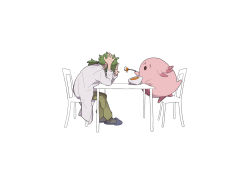 Rule 34 | 1boy, :o, ^ ^, chair, chansey, closed eyes, creatures (company), egg, egg yolk, closed eyes, feeding, from side, game freak, gen 1 pokemon, green hair, green pants, highres, holding, holding spoon, lab coat, leaning forward, long hair, long sleeves, male focus, mimura (nnnnnnnnmoo), nintendo, open mouth, pants, pokemon, pokemon (anime), pokemon (creature), pokemon the movie: the power of us, sitting, slippers, socks, spoon, table, tongue, toren (pokemon)