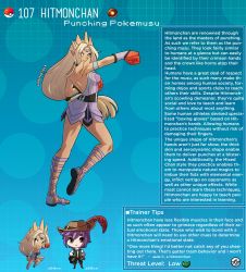 Rule 34 | 1boy, 1girl, artist name, boxing gloves, character name, character profile, character sheet, commentary, creatures (company), dark skin, english commentary, english text, game freak, gen 1 pokemon, grabbing, hair ornament, hat feather, highres, hitmonchan, kinkymation, long hair, low-tied long hair, monster girl, nintendo, personification, pointy ears, poke ball, poke ball (basic), pokemon, purple hair, very long hair, white hair