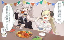 Rule 34 | 2girls, ^ ^, animal ears, black jacket, blonde hair, blush stickers, bowl, breasts, chopsticks, cleavage, closed eyes, commentary request, eating, fangs, food, grey hair, grill, highres, hololive, horns, jacket, lion ears, lion girl, meat, medium breasts, multiple girls, null suke, plate, rice, rice bowl, see-through, see-through cleavage, sheep ears, sheep girl, sheep horns, shishiro botan, shishiro botan (1st costume), translation request, tsunomaki watame, tsunomaki watame (1st costume), virtual youtuber
