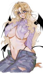 Rule 34 | 1girl, :3, blonde hair, blue eyes, blue pants, blush, breasts, collared shirt, crop top, demon tail, demon wings, ear piercing, glasses, highres, large breasts, leaning back, long hair, long sleeves, midriff, navel, open fly, open mouth, original, pants, piercing, purple shirt, shirt, simple background, sitting, sketch, solo, soreeyu (sore-yu), tail, torn clothes, torn pants, torn shirt, underboob, white background, wings
