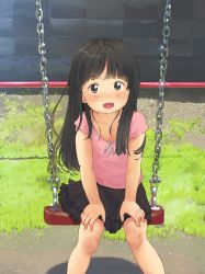 Rule 34 | 1girl, absurdres, anyannko, bad id, bad pixiv id, black eyes, black hair, child, day, eyebrows, hands on own thighs, highres, long hair, open mouth, original, outdoors, shirt, sitting, skirt, smile, solo, swing
