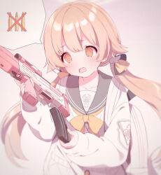 Rule 34 | 1girl, @ @, assault rifle, black bow, blue archive, blue sailor collar, bow, bowtie, bullpup, cardigan, gun, hair bow, hair flaps, halo, hifumi (blue archive), highres, holding, holding weapon, l85, light brown hair, low twintails, norada, reloading, rifle, sailor collar, simple background, solo, sweatdrop, twintails, weapon, white bag, white cardigan, wing hair ornament, yellow bow, yellow bowtie, yellow eyes