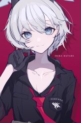 Rule 34 | 1girl, black gloves, black shirt, blue archive, character name, collarbone, collared shirt, commentary request, erika (blue archive), gehenna academy logo, gloves, grey eyes, haku (yanhaku), hand up, highres, looking at viewer, loose necktie, necktie, red background, red necktie, shirt, short hair, simple background, solo, upper body, very short hair, white hair