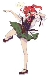 Rule 34 | 1girl, cosplay, costume switch, eyebrows, flower, full body, green skirt, hair bobbles, hair ornament, highres, ibaraki kasen, ibaraki kasen (cosplay), leg up, one eye closed, onozuka komachi, open mouth, oshouyu tabetai, puffy short sleeves, puffy sleeves, red eyes, red footwear, red hair, shirt, shoes, short sleeves, simple background, skirt, smile, solo, speech bubble, tabard, touhou, twintails, two side up, white background