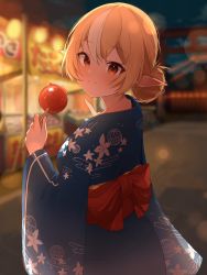 Rule 34 | 1girl, blonde hair, blue kimono, blurry, blurry background, blush, bow, candy apple, closed mouth, dark-skinned female, dark skin, depth of field, elf, food, hair bun, hands up, highres, holding, holding food, hololive, japanese clothes, kimono, looking at viewer, mikukana133, multicolored hair, night, outdoors, pointy ears, print kimono, red bow, red eyes, shiranui flare, short hair, single hair bun, smile, solo, streaked hair, virtual youtuber, white hair