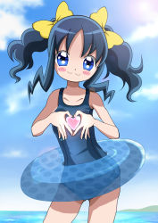 Rule 34 | 10s, 1girl, :3, alternate hairstyle, blue eyes, blue hair, bow, cloud, day, hair bow, haru (nature life), heart, heart hands, heartcatch precure!, innertube, kurumi erika, matching hair/eyes, one-piece swimsuit, precure, school swimsuit, short hair, sky, smile, solo, swim ring, swimsuit, twintails, water