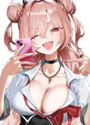 Rule 34 | 1girl, absurdres, black skirt, blue archive, breasts, cellphone, cleavage, collared shirt, fang, fingernails, halo, highres, holding, holding phone, kazane-wind, kirara (blue archive), large breasts, long fingernails, long hair, nail polish, open mouth, phone, pink eyes, pink hair, pink nails, shirt, short sleeves, simple background, skirt, smartphone, smile, solo, upper body, white background, white shirt