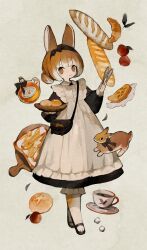 Rule 34 | 1girl, animal, animal ears, animal feet, apple, apron, bag, baguette, black bow, black dress, black footwear, bloomers, bottle, bow, bow hairband, bowl, bread, bread slice, brown eyes, brown hair, butter, closed mouth, commentary request, croissant, cup, dress, food, fruit, full body, gradient hair, grey background, hairband, handbag, hands up, highres, holding, holding bowl, holding tongs, long sleeves, looking at viewer, maid, multicolored hair, original, pastry, pie, rabbit, rabbit ears, rabbit girl, sakutake (ue3sayu), saucer, short hair, shoulder bag, smile, solo, sugar cube, syrup, teacup, toast, tongs, tray, underwear, white apron, wooden tray