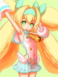 Rule 34 | 1girl, arc system works, armpits, blazblue, blazblue: continuum shift, blonde hair, bow, fumio (rsqkr), gloves, green eyes, hair bow, heart, heart-shaped pupils, long hair, low wings, platinum the trinity, quad tails, solo, symbol-shaped pupils, two side up, wings