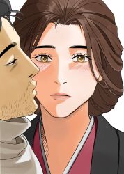 Rule 34 | 1boy, 1girl, black eyes, black hair, blush, brown eyes, brown hair, emma the gentle blade, facial hair, hetero, highres, japanese clothes, kimono, kiss, kissing cheek, looking at viewer, parted lips, photo-referenced, sekiro, sekiro: shadows die twice, simple background, ssanghwa tang1, stubble, white background
