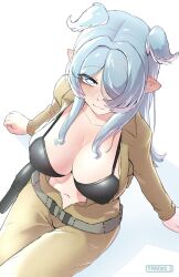Rule 34 | 1girl, absurdres, artist logo, belt, black bra, blue eyes, blue hair, bra, breasts, cleavage, closed mouth, commentary, cosplay, elira pendora, english commentary, eva (metal gear), eva (metal gear) (cosplay), fang, from above, hair over one eye, highres, holster, jumpsuit, large breasts, long hair, long sleeves, navel, nijisanji, nijisanji en, pointy ears, sidelocks, simple background, sitting, skin fang, smile, solo, taroko3, underwear, white background, yellow jumpsuit