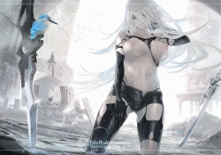 Rule 34 | 2girls, alternate breast size, android, backlighting, bird, black shorts, blue eyes, breasts, copyright name, day, english text, covered erect nipples, floating hair, hand in own hair, highres, kingfisher, large breasts, lens flare, long hair, machine (nier), maeshima shigeki, multiple girls, navel, nier (series), nier:automata, nipples, planted sword, planted, post-apocalypse, robot, shorts, silver hair, solo focus, sword, taut clothes, topless, torn clothes, type-4o sword, virtuous contract, virtuous treaty, wading, water, weapon, wet, 2b (nier:automata), a2 (nier:automata)