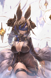 Rule 34 | 1girl, absurdres, animal ears, black dress, blindfold, blue hair, breasts, brown hair, brown horns, cleavage, closed mouth, covered erect nipples, covered eyes, dress, drill hair, drill ponytail, extra ears, galleon (granblue fantasy), galleon (life&#039;s compassionate observer) (granblue fantasy), granblue fantasy, hair between eyes, highres, horns, large breasts, long hair, long sleeves, multicolored hair, pointy ears, ponytail, smile, solo, streaked hair, thigh strap, yu pian