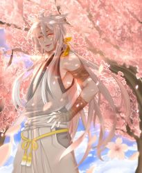 Rule 34 | 10s, 1boy, :d, armpits, bad id, bad pixiv id, bandaged arm, bandaged hand, bandages, bare pectorals, bare shoulders, blue sky, blurry, cherry blossoms, cloud, cloudy sky, commentary, cowboy shot, dappled sunlight, day, depth of field, diffraction spikes, eyelashes, fangs, flower, from below, glowing, glowing eyes, hair between eyes, hair over shoulder, hair ribbon, half-closed eyes, hand on own hip, highres, kogitsunemaru, long hair, looking at viewer, looking to the side, male focus, mikan (artist), open mouth, orange ribbon, outdoors, parted bangs, pectorals, petals, pointy hair, red eyes, ribbon, short eyebrows, sidelocks, sky, sleeveless, smile, solo, standing, sunlight, tassel, teeth, toned, toned male, touken ranbu, tree, tree shade, under tree, very long hair, white hair, wind, wind lift, yellow ribbon