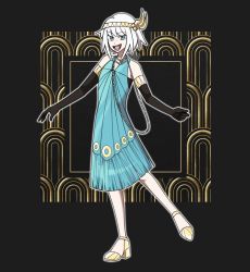 Rule 34 | 1920s (style), 1girl, blue dress, blue eyes, creatures (company), dress, feathers, flapper girl, fluorart, freckles, full body, game freak, high heels, highres, jewelry, necklace, nintendo, original, pearl necklace, pokemon, pokemon legends: arceus, smile, white hair