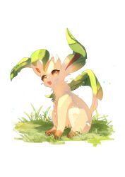 Rule 34 | animal focus, blush, brown eyes, creatures (company), fang, game freak, gen 4 pokemon, grass, leafeon, lxipceluceos5r6, nintendo, open mouth, pokemon, pokemon (creature), simple background, sitting, solo, white background
