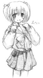 Rule 34 | 00s, 1girl, blush, greyscale, monochrome, open mouth, outline, pleated skirt, school uniform, serafuku, short hair, short twintails, sketch, skirt, smile, solo, to heart (series), to heart 2, twintails, yuzuhara konomi