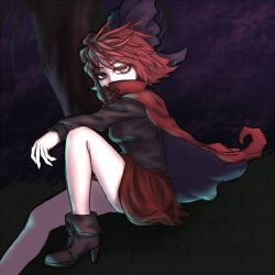 Rule 34 | 1girl, ankle boots, arm rest, boots, cape, cloud, covering own mouth, grass, knee up, long sleeves, looking at viewer, miata (miata8674), night, purple sky, red eyes, red hair, sekibanki, short hair, sitting, skirt, sky, solo, touhou, willow