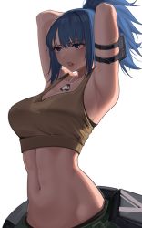 Rule 34 | 1girl, absurdres, armlet, armpits, arms behind head, arms up, bare shoulders, belt, blue eyes, blue hair, breasts, brown tank top, cleavage, crop top, dog tags, harris hero, highres, large breasts, leona heidern, midriff, navel, parted lips, ponytail, pouch, simple background, solo, stomach, tank top, the king of fighters, the king of fighters xiv, the king of fighters xv, upper body, white background