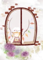 Rule 34 | 1girl, blonde hair, head rest, crystal, closed eyes, female focus, flandre scarlet, flower, hat, hat ribbon, hydrangea, indoors, looking outside, ma-hain-scarlet, nature, plant, pointy ears, ribbon, smile, solo, touhou, upper body, wall, window, wings