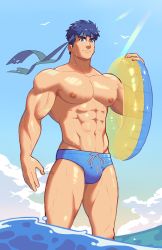 Rule 34 | 1boy, abs, absurdres, bara, blue hair, blue male swimwear, closed mouth, cloud, day, fire emblem, fire emblem: path of radiance, fire emblem: radiant dawn, highres, holding, holding swim ring, ike (fire emblem), innertube, large pectorals, looking at viewer, male focus, male swimwear, milkiato, muscular, muscular male, navel, nintendo, nipples, outdoors, pectorals, short hair, sky, smile, solo, swim briefs, swim ring, thighs
