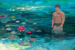 Rule 34 | 1boy, abs, acrylic paint (medium), arms at sides, bara, black male underwear, briefs, brown hair, bulge, chest hair, flower, flower on chest, from above, large pectorals, leaf, lily pad, long sideburns, looking ahead, lotus, lotus leaf, male focus, male underwear, moss, muscular, muscular male, nature, navel, nipples, original, outdoors, painting (medium), pectorals, pink flower, pond, scenery, short hair, sideburns, solo, sparse chest hair, stomach, thick eyebrows, thick thighs, thighs, topless male, torajiro art, traditional media, underwear, wading, water lily flower