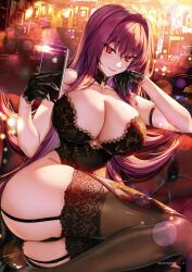 Rule 34 | 1girl, apple inc., arm strap, ass, bar (place), black gloves, black joa, black leotard, blush, breasts, cellphone, china dress, chinese clothes, cleavage, collar, collarbone, couch, cup, drawing (object), dress, drinking glass, fate/grand order, fate (series), garter straps, gloves, hair intakes, highres, indoors, iphone, lace trim, large breasts, lens flare, leotard, lipstick, long eyelashes, looking at viewer, makeup, non-web source, phone, purple hair, red eyes, scathach (fate), selfie, smartphone, smile, thighhighs