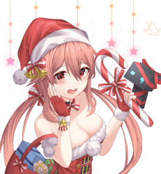 Rule 34 | 1girl, absurdres, bag, bell, bow, bowtie, box, breasts, christmas, cleavage, collar, commentary, dress, english commentary, fingerless gloves, fur trim, gift, gift box, gloves, hair bell, hair between eyes, hair ornament, hat, highres, holding, large breasts, long hair, looking at viewer, low twintails, original, red dress, red eyes, red gloves, red neckwear, santa costume, santa hat, simple background, solo, star (symbol), striped bow, striped bowtie, striped clothes, teeth, twintails, two-tone bow, upper teeth only, white background, yansae81